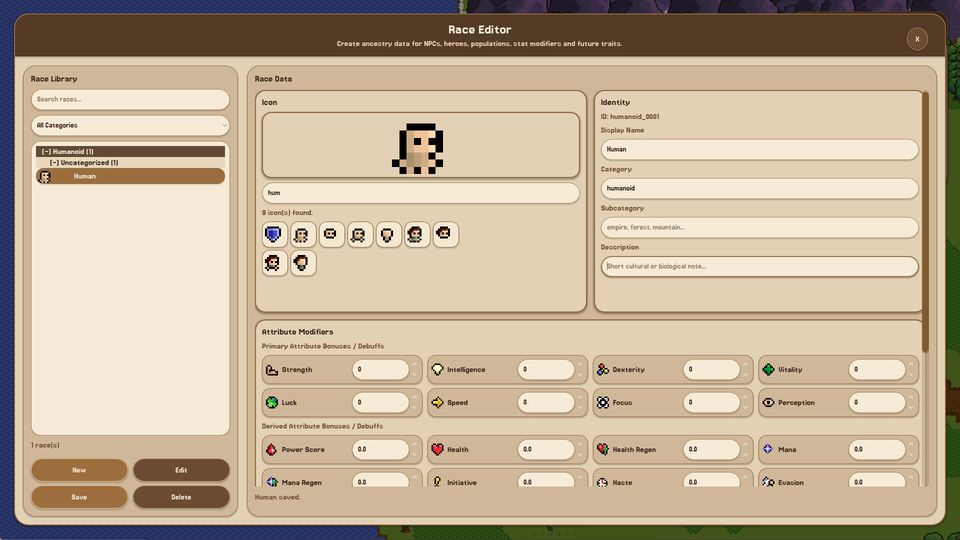 Race editor and class design screenshot