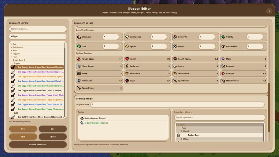 Equipment stats and power score screenshot