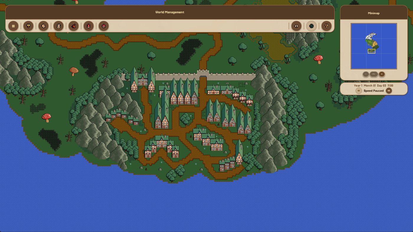 Fantasy World Manager world screen with the HUD and minimap
