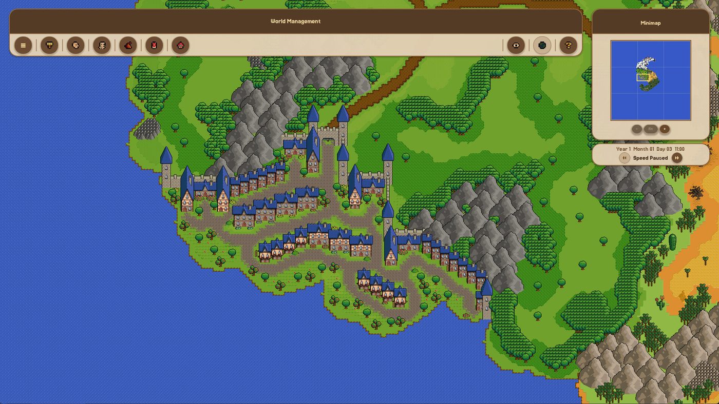 Fantasy World Manager world view with settlements and zones